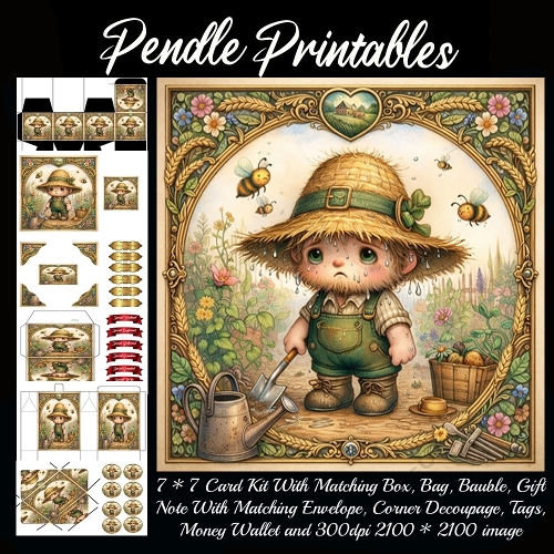 Poor little gardener working hard in the heat . Card, Giftbag, Money wallet, Tag, Bauble, Gift Card, Envelope. Large Image, Image without border.
