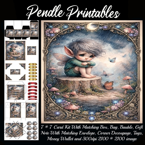 Little elf wishing for the rain to stop . Card, Giftbag, Money wallet, Tag, Bauble, Gift Card, Envelope. Large Image, Image without border.