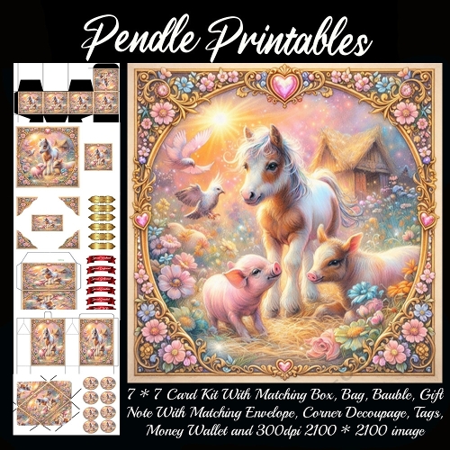 Sweet pony and piglets sharing a sunny day . Card, Giftbag, Money wallet, Tag, Bauble, Gift Card, Envelope. Large Image, Image without border.