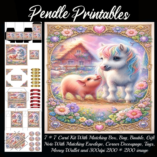 Magical rainbow pony and piglet sharing sunny friendship . Card, Giftbag, Money wallet, Tag, Bauble, Gift Card, Envelope. Large Image, Image without border.