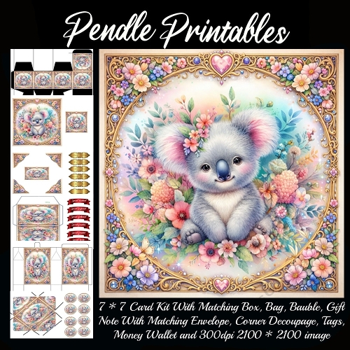 Sweet fluffy koala sitting among beautiful pastel flowers . Card, Giftbag, Money wallet, Tag, Bauble, Gift Card, Envelope. Large Image, Image without border.