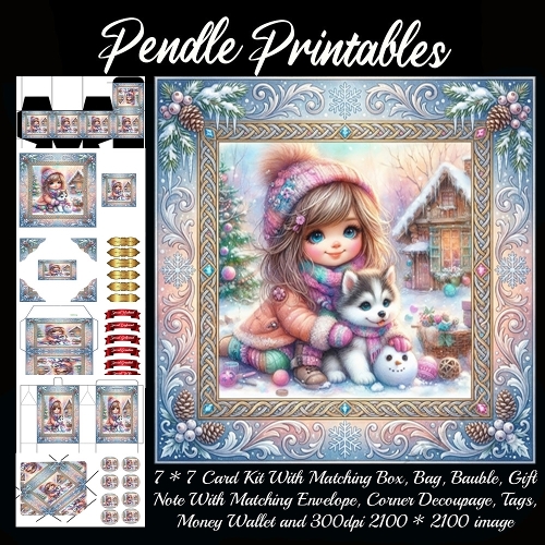Warm winter cuddles with a fluffy husky puppy . Card, Giftbag, Money wallet, Tag, Bauble, Gift Card, Envelope. Large Image, Image without border.