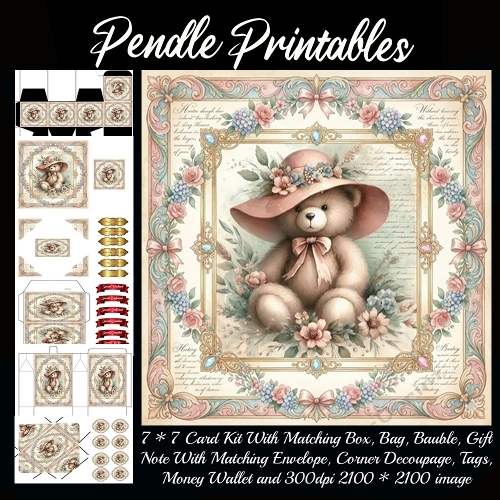 Sweet vintage teddy bear in a floral hat . Card, Giftbag, Money wallet, Tag, Bauble, Gift Card, Envelope. Large Image, Image without border.