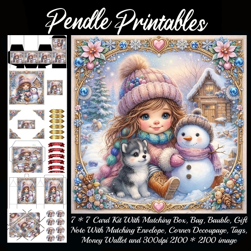 Snowy smiles with a fluffy husky and snowman . Card, Giftbag, Money wallet, Tag, Bauble, Gift Card, Envelope. Large Image, Image without border.