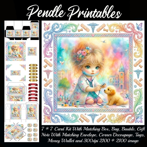 Caring little doctor giving her puppy a checkup . Card, Giftbag, Money wallet, Tag, Bauble, Gift Card, Envelope. Large Image, Image without border.