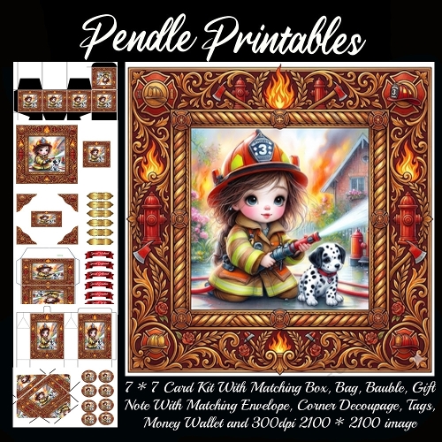 Brave little firefighter and puppy to the rescue . Card, Giftbag, Money wallet, Tag, Bauble, Gift Card, Envelope. Large Image, Image without border.