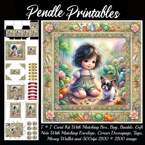 Little gardener and puppy sharing happy garden moments . Card, Giftbag, Money wallet, Tag, Bauble, Gift Card, Envelope. Large Image, Image without border.