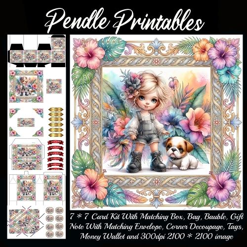 Sweet girl and puppy surrounded by tropical blooms . Card, Giftbag, Money wallet, Tag, Bauble, Gift Card, Envelope. Large Image, Image without border.