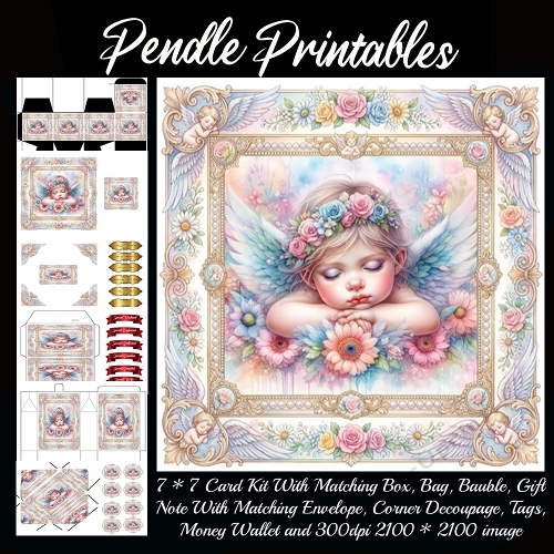 Peaceful sleeping angel dreaming among soft pastel flowers . Card, Giftbag, Money wallet, Tag, Bauble, Gift Card, Envelope. Large Image, Image without border.