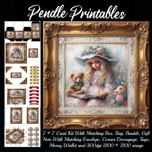 Sweet vintage girl reading stories with teddy bear . Card, Giftbag, Money wallet, Tag, Bauble, Gift Card, Envelope. Large Image, Image without border.
