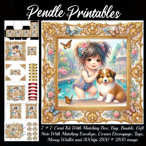 Sunny pool day fun with a fluffy puppy friend . Card, Giftbag, Money wallet, Tag, Bauble, Gift Card, Envelope. Large Image, Image without border.