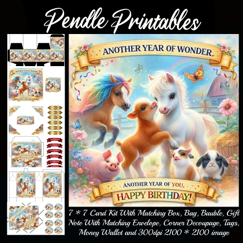 Magical ponies and friends sharing farmyard fun. Card, Giftbag, Money wallet, Tag, Bauble, Gift Card, Envelope. Large Image, Image without border.