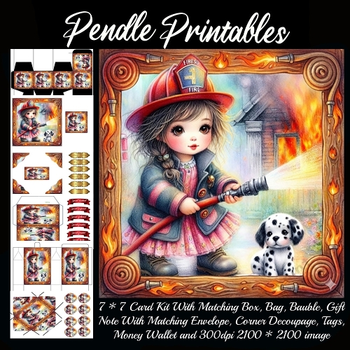 Brave little firefighter and puppy to the rescue . Card, Giftbag, Money wallet, Tag, Bauble, Gift Card, Envelope. Large Image, Image without border.