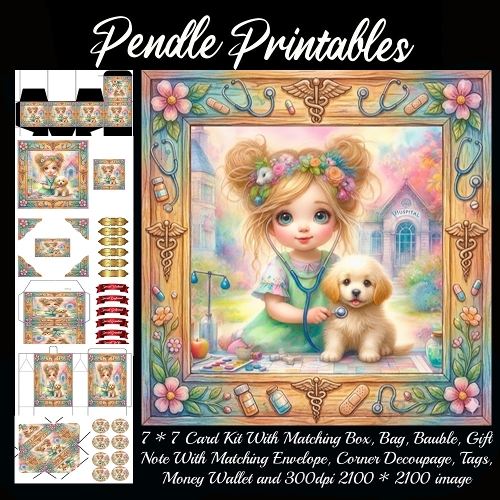 Little doctor giving her puppy a loving checkup . Card, Giftbag, Money wallet, Tag, Bauble, Gift Card, Envelope. Large Image, Image without border.