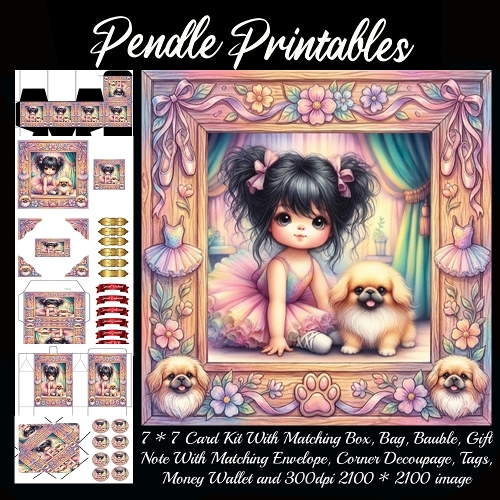 Adorable ballerina and fluffy puppy ready to dance . Card, Giftbag, Money wallet, Tag, Bauble, Gift Card, Envelope. Large Image, Image without border.