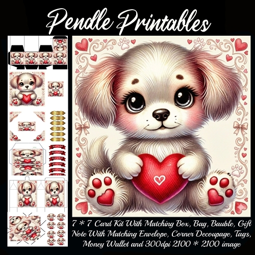 Valentines Puppy Love, Giftbag, Money wallet, Tag, Bauble, Gift Card, Envelope. Large Image, Image without border.