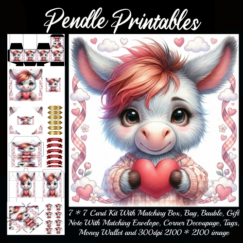 Valentines Cute Donkey, Giftbag, Money wallet, Tag, Bauble, Gift Card, Envelope. Large Image, Image without border.