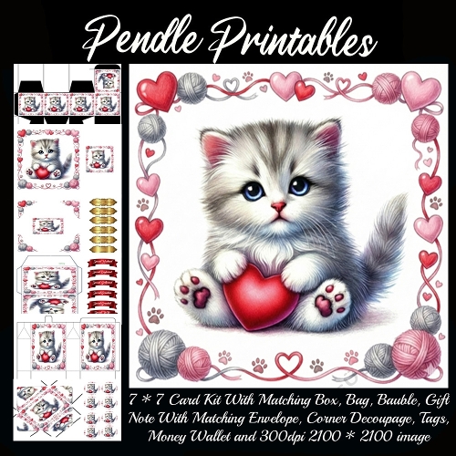 Valentines Cute Grey Kitten, Giftbag, Money wallet, Tag, Bauble, Gift Card, Envelope. Large Image, Image without border.