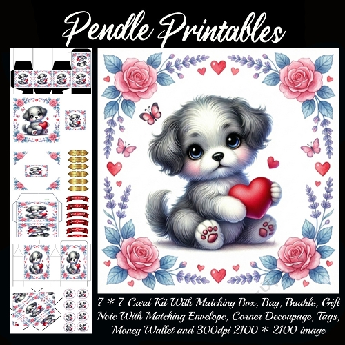 Valentines Cute Puppy 3, Giftbag, Money wallet, Tag, Bauble, Gift Card, Envelope. Large Image, Image without border.