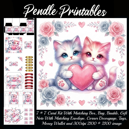 Valentines Cute Kittens, Giftbag, Money wallet, Tag, Bauble, Gift Card, Envelope. Large Image, Image without border.