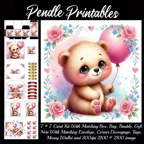 Valentines Cute Teddy 3, Giftbag, Money wallet, Tag, Bauble, Gift Card, Envelope. Large Image, Image without border.
