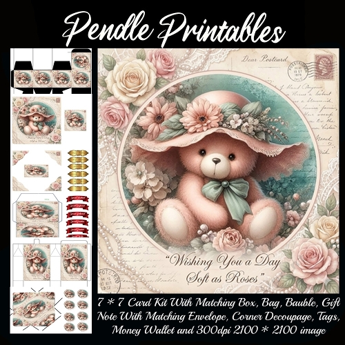 Wishing You A Day Soft As Roses. Gift bag, Money wallet, Tag, Bauble, Gift Card, Envelope. Large Image, Image without border.