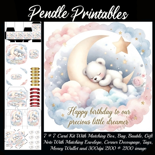 Happy Birthday To Our Precious Little Dreamer. Gift bag, Money wallet, Tag, Bauble, Gift Card, Envelope. Large Image, Image without border.