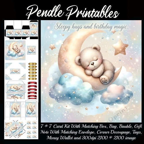 Sleepy hugs and birthday magic. Gift bag, Money wallet, Tag, Bauble, Gift Card, Envelope. Large Image, Image without border.