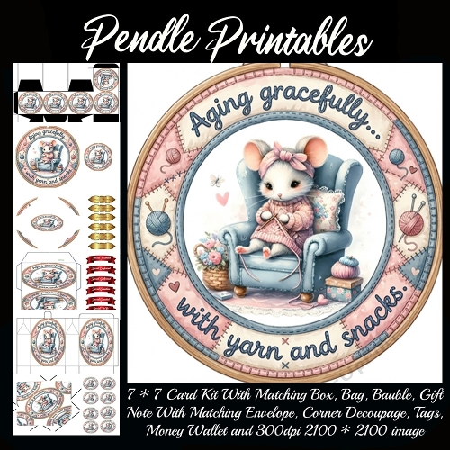 Aging gracefully with yarn and snacks. Gift bag, Money wallet, Tag, Bauble, Gift Card, Envelope. Large Image, Image without border.