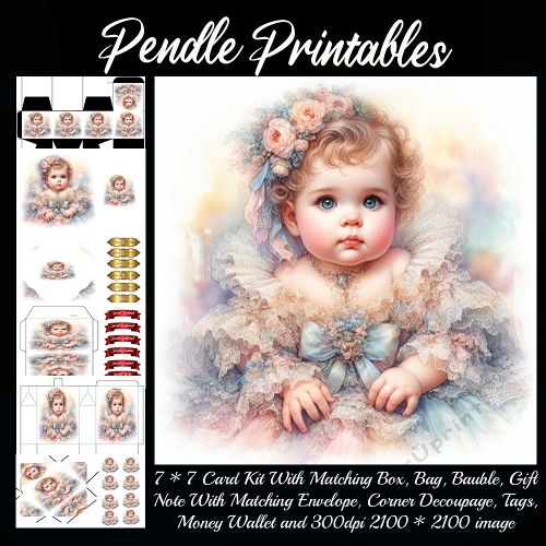 Portrait Style Baby Girl In Lace Gift bag, Money wallet, Tag, Bauble, Gift Card, Envelope.
