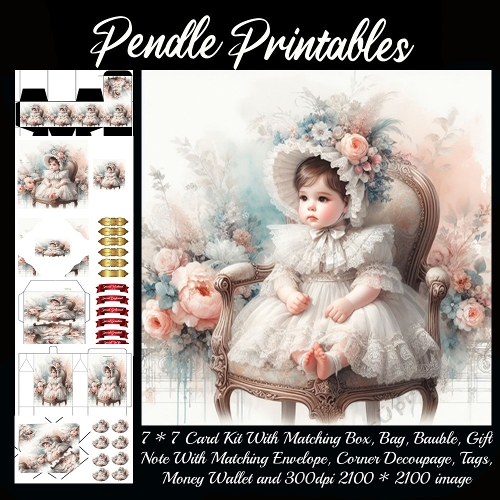 Portrait Style Baby Girl In Lace 2 Gift bag, Money wallet, Tag, Bauble, Gift Card, Envelope.