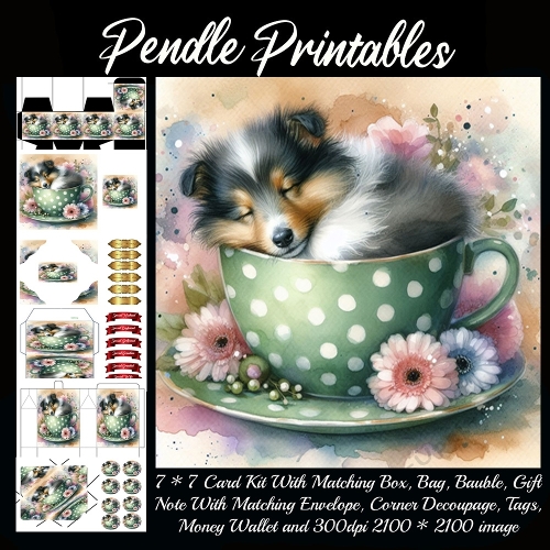 Water Colour Style Teacup Collie Gift bag, Money wallet, Tag, Bauble, Gift Card, Envelope.