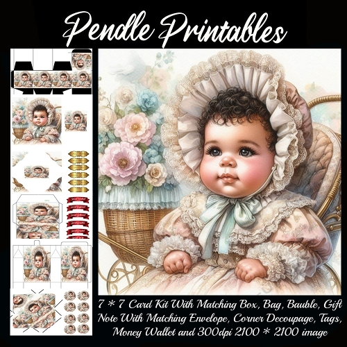 Portrait Style Baby Girl In Lace 3 Gift bag, Money wallet, Tag, Bauble, Gift Card, Envelope.