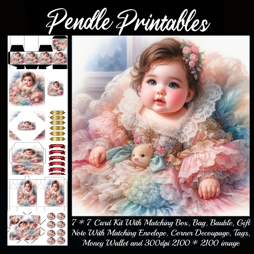 Portrait Style Baby Girl In Lace 4 Gift bag, Money wallet, Tag, Bauble, Gift Card, Envelope.