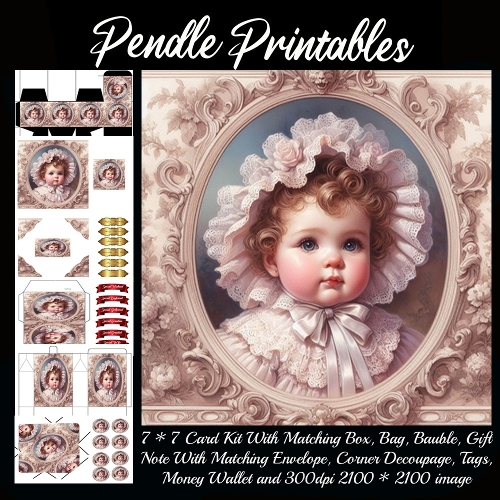 Portrait Style Baby Girl In Lace 5 Gift bag, Money wallet, Tag, Bauble, Gift Card, Envelope.