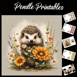 Cute Hedgehog With Flowers 7x7 Card Kit. Matching Box, Gift Bauble, Tag.