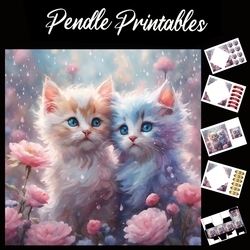 Two Beautiful Kittens In Flowers 7x7 Card Kit. Matching Box, Gift Bauble,Tag