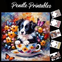 Cute Collie Dog In A Teacup 7x7 Card Kit. Matching Box, Gift Bauble,Tag