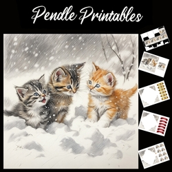 Three Brothers. Kitten Christmas Card. 7x7 card kit. Matching Box, Gift Bauble,Tag.