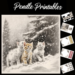 We three Kittens. Kitten Christmas Card. 7x7 card kit. Matching Box, Gift Bauble,Tag.