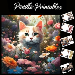 Hiding In The Flowers. Cat Card 7x7 Card Kit. Matching Box, Gift Bauble,Tag