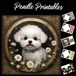 Cute Puppy With Flowers In Frame 7x7 Card Kit. Matching Box, Gift Bauble,Tag