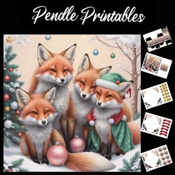 Foxes Merry Christmas 7x7 Card Kit. Matching Box, Gift Bauble, Tag