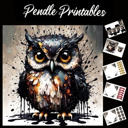 Splatter Art. The Owl 7x7 Card Kit. Matching Box, Gift Bauble,Tag