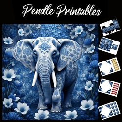 Blue Floral Elephant 7x7 Card Kit. Matching Box, Gift Bauble,Tag