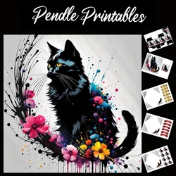 Splatter Art: Beautiful Black Cat 7x7 Card Kit. Matching Box, Gift Bauble,Tag