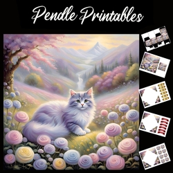 Cute Lilac Cat 7x7 Card Kit. Matching Box, Gift Bauble,Tag