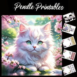 Pink Blossom Cute Cat 7x7 Card Kit. Matching Box, Gift Bauble,Tag
