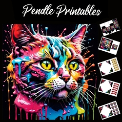 Splatter Art: Cute Colourful Cat 7x7 Card Kit. Matching Box, Gift Bauble,Tag