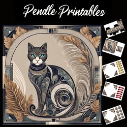 Art Deco Ornate Cat 7x7 Card Kit. Matching Box, Gift Bauble,Tag